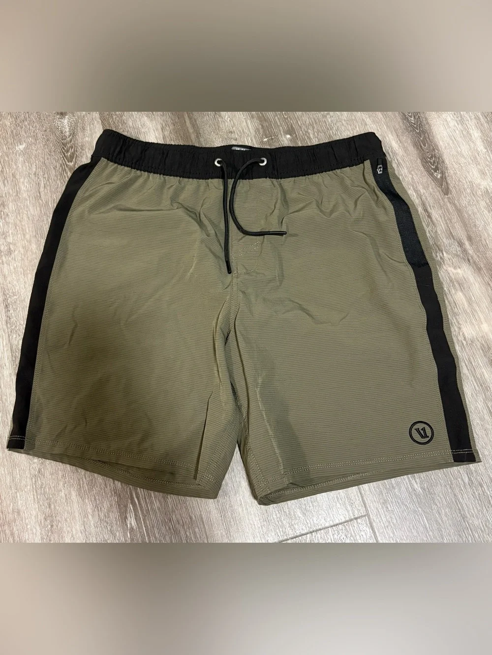 Vuori Olive Green Athletic Drawstring Shorts with Black Trim